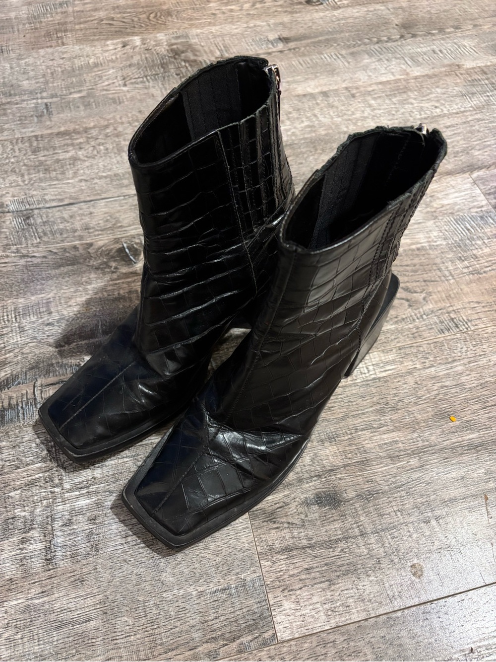 SCHUTZ Black Croc-Embossed Square-Toe Ankle Booties with Side Zip